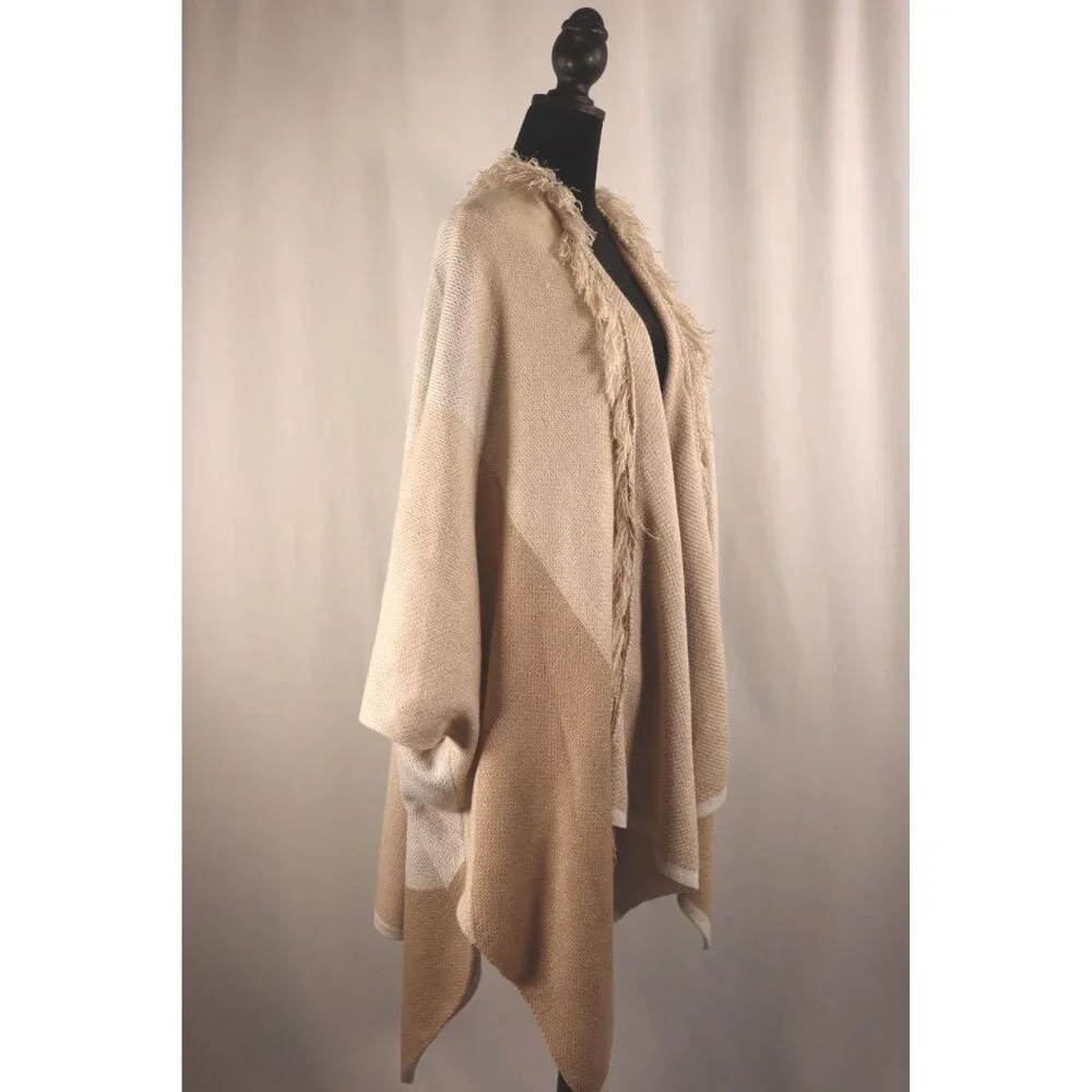 C Cozy Beige Color Block Open Front Poncho with Fringe Detail Size Large - Picture 4 of 14